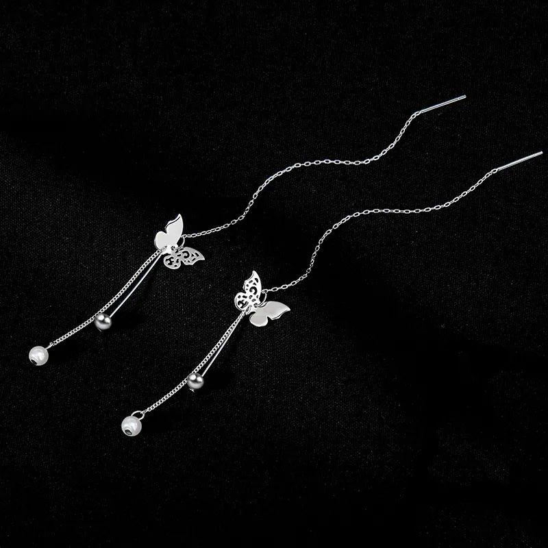

925 Sterling Silver Butterfly Long Niche Design Hanging Earrings Silver