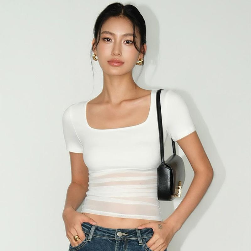 Short-sleeved T-shirt Square Stitching Top Short Top
