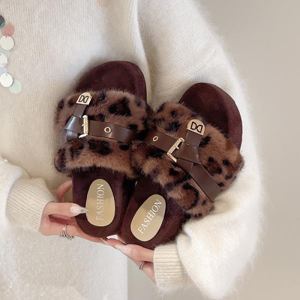 

Модные леопардовые туфли, тапочки, мягкие шлепанцы, меховые шлепанцы, флоковые низкие слиперы, женская платформа, комфорт, плюшевая резина, плоская подошва, 2025, массаж, Рим П 35