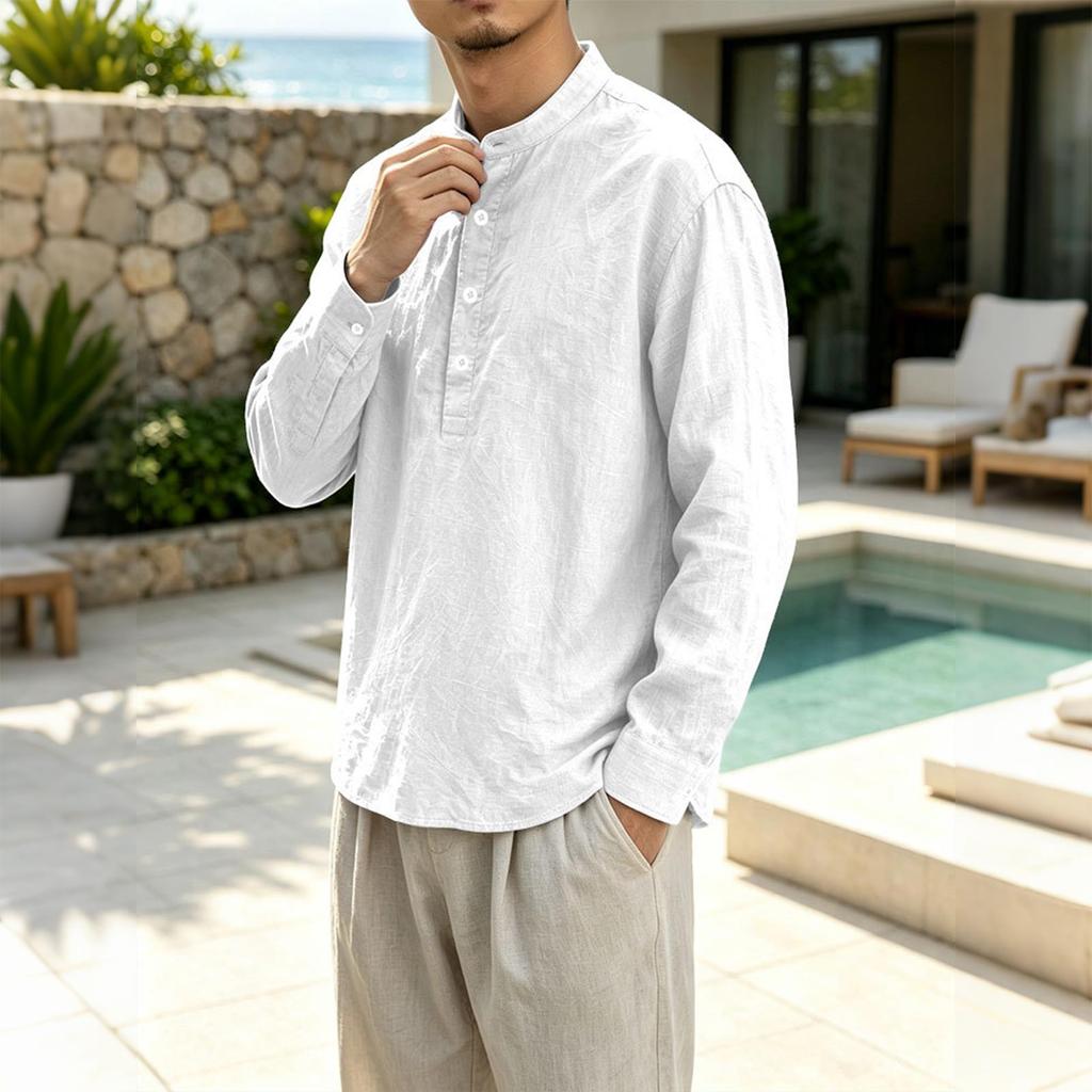 Men's Linen Shirt Long Sleeve Loose Fit Casual Pullover Beach Vacation