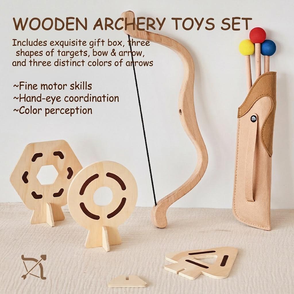 Eco-Friendly Wooden Archery Toy Set - Safe Bow and Soft Felt Arrows for Kids, Montessori Sport Training Game, Outdoor Birthday Gift for Boys & Girls