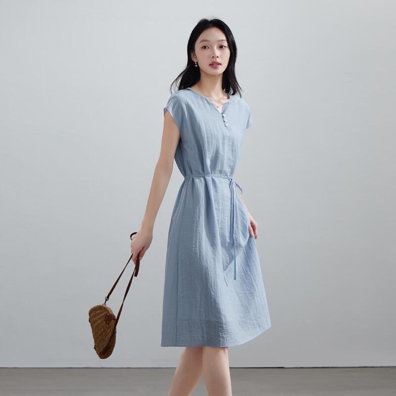 SOFSIL 2026 Summer Elegant V-Neck Short Sleeve Midi Dress M