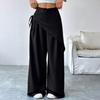 Yousheng Women Long Pants, Oversized Wide Leg Trousers with Apron Decor, Pure Color Elastic Waist Casual Pants for Daily Commuting