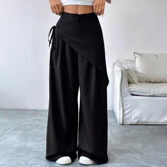 Yousheng Women Long Pants, Oversized Wide Leg Trousers with Apron Decor, Pure Color Elastic Waist Casual Pants for Daily Commuting