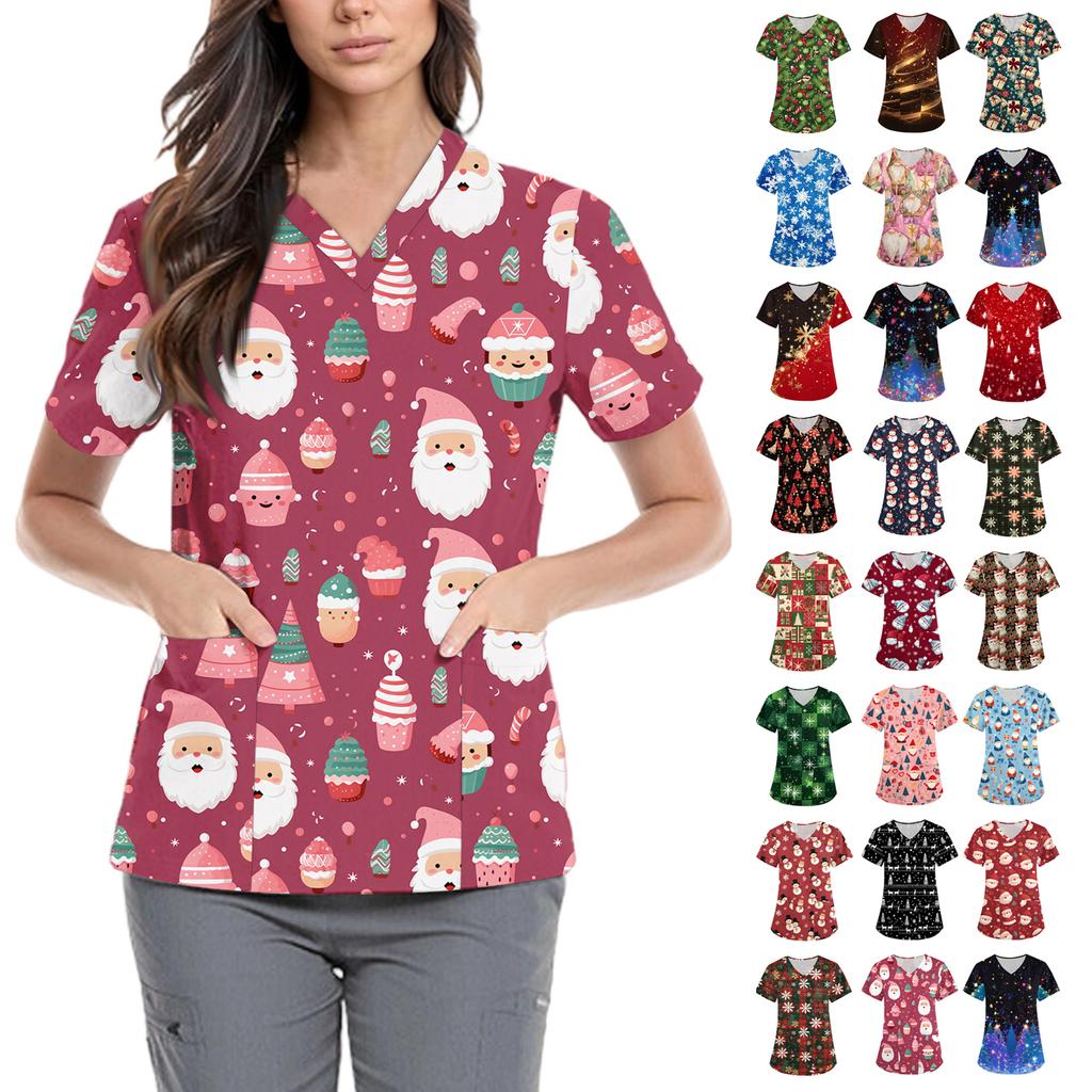 Women's Cute Bow Printed Work Clothes V-neck Double Layer Pockets Basic Short Sleeve Top Pullover