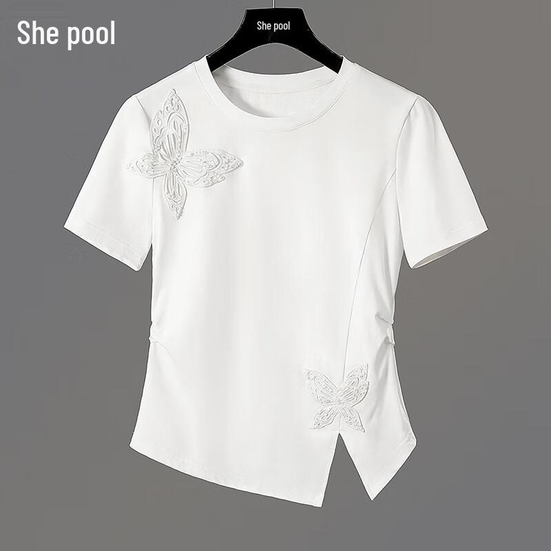 

Women s Butterfly Embroidery Cropped Round Neck T-Shirt XXL