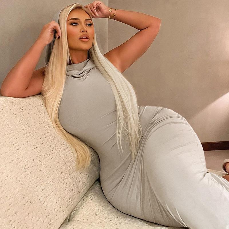 Einfarbiges, ärmelloses Kleid mit Kapuze und Schlitz für Damen