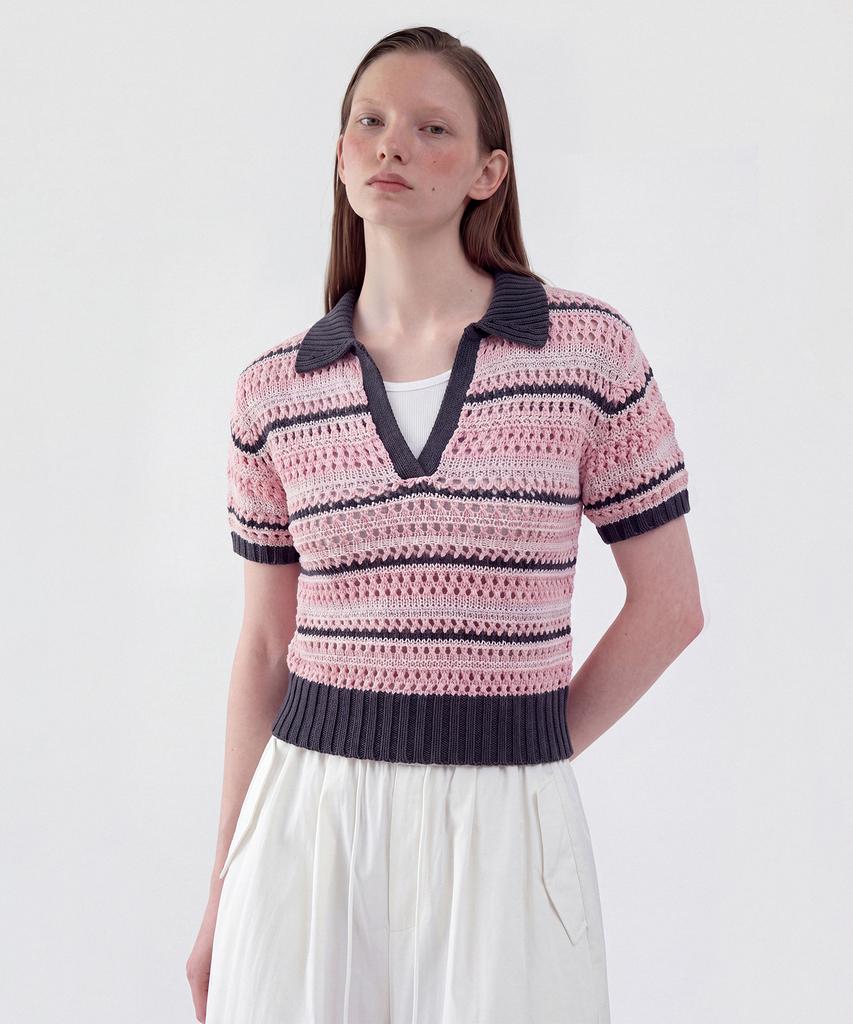 CUTZ Crochet Stripe Open Collar Knit