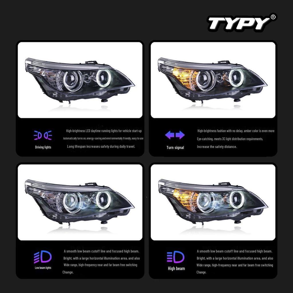 BMW 5 Series E60 LED Headlight Assembly with Angel Eyes DRL & Turn Signals (03-10)