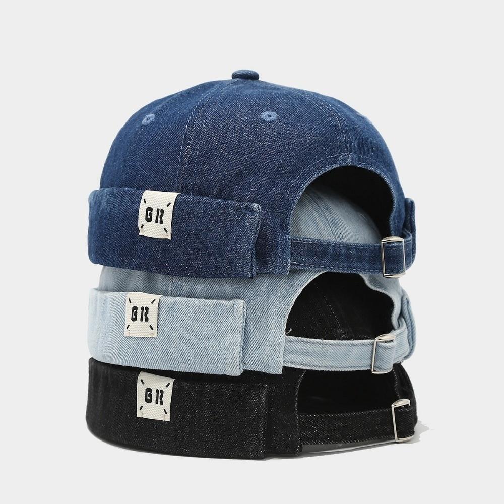 Vintage Washed Denim Brimless Docker Cap Solid Color Cotton Vintage Dome Hat Adjustable Melon Beanie Cap Boy Girls