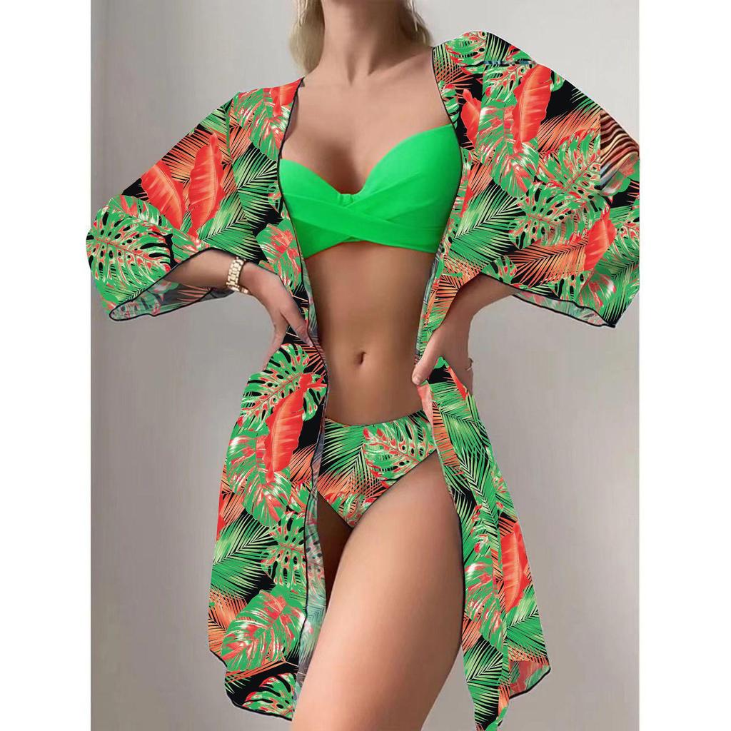 2023 European & American Women's Three-Piece Bikini Set with Cardigan, High-Waisted Bottoms, and Sunscreen Cover-Up.