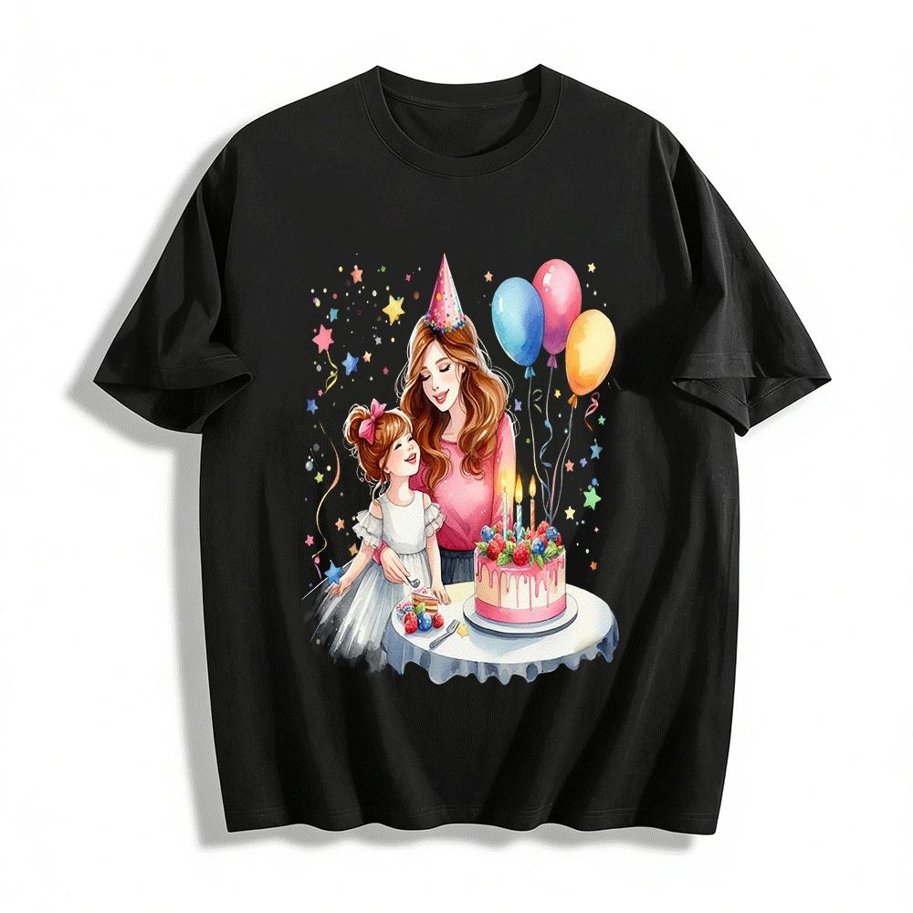 Mom And Girl Birthday Party Print Casual Top For Adults Kids Pure cotton T-shirt XXS