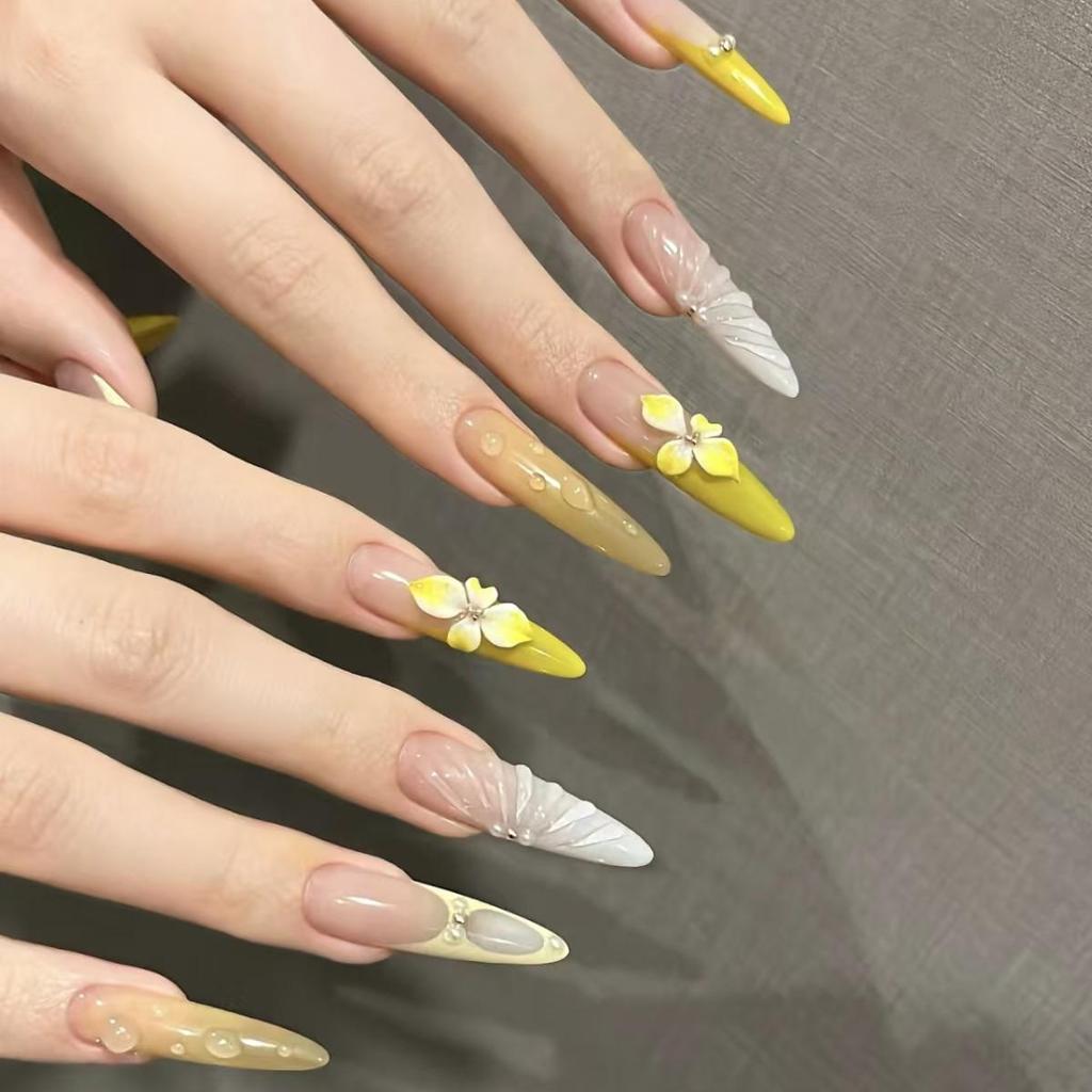 Hand-Painted 3D Ice Flower Yellow French Style Wearable Nails