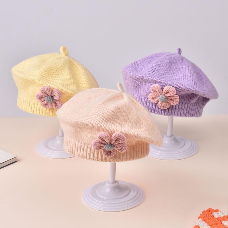 Winter Baby Girls Knitted Flower Bell Hat Cotton Sun Protection Windproof Multi Color Infant Beret for Toddler