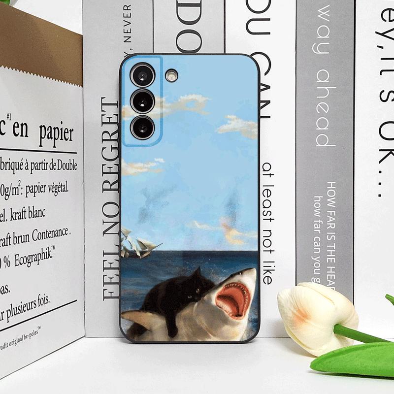 Funny Abstract Shark Black Cat Phone Case for Samsung Galaxy S24+ S25 S23 Ultra S22 Plus S21FE M53 M34 M55 5G Frosted Soft Cover