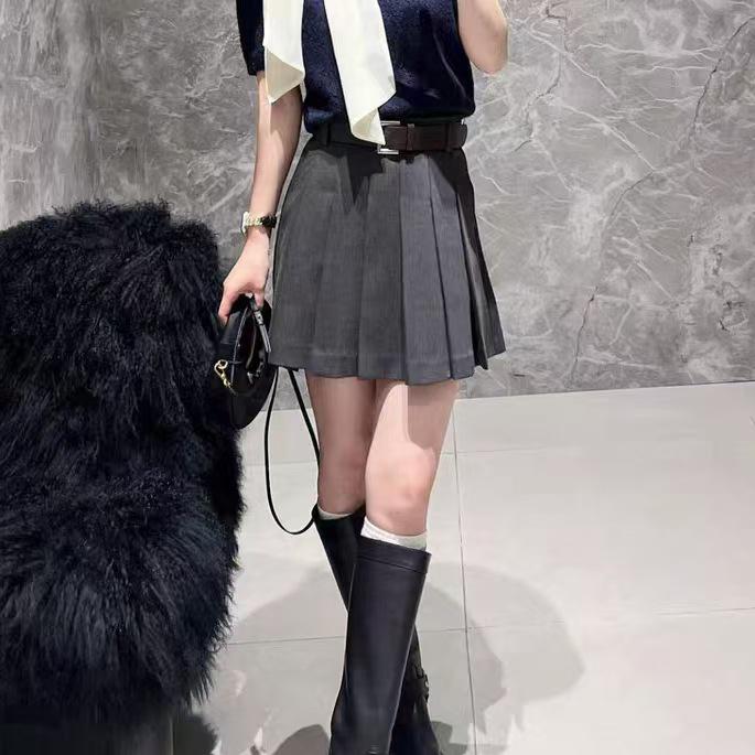 In Stock: 2026 Spring Casual A-line Pleated Skirt with Faux Leather Belt