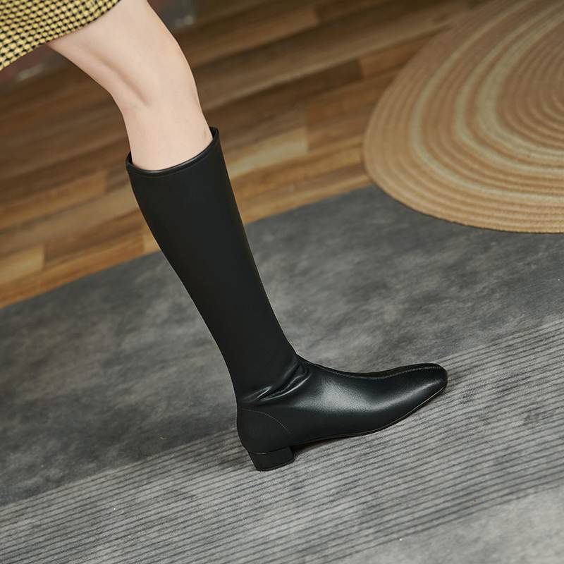 Krazing Pot Cuir Fendu Vache Automne Hiver Chaussures Talons Bas Bottes d'Équitation Bout Carré Garder au Chaud Fermeture Éclair Bottes Cuisse