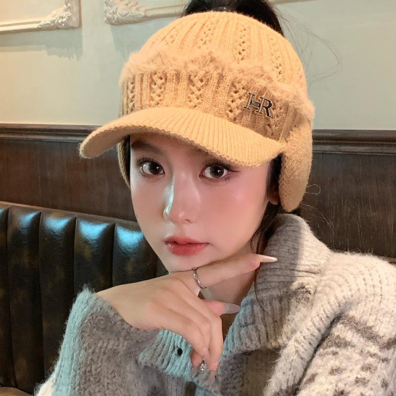 Versatile Knitted Empty Top Hat Korean Letter Plus Velvet Hat for Women's Outdoor Cycling Windproof and Warm Ear Protection Hat