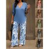 Women's V-Neck Mid Sleeve Top and Printed Wide Leg Pants Set