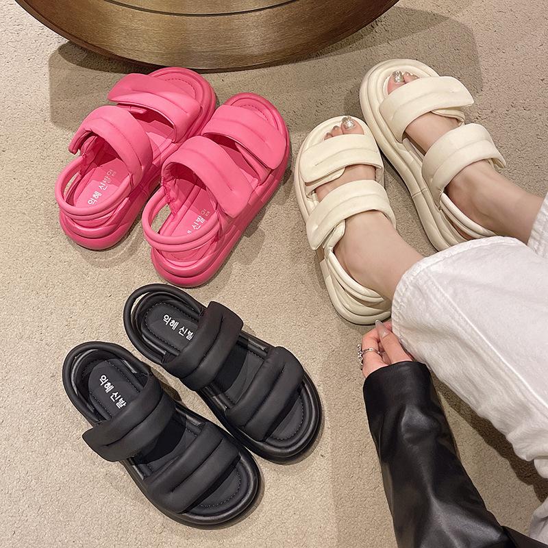 Fashion Pink Color Leather Band Platform Sandals Women Thick Bottom Summer Beach Shoes Woman Creepers Med-high Heels Sandales Femmes Été