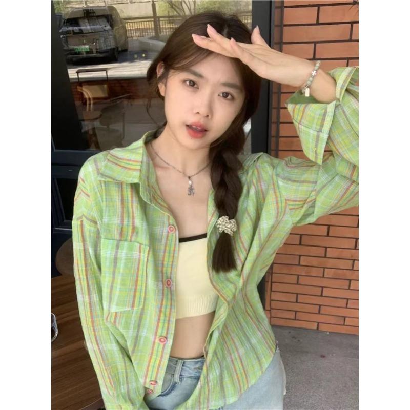 Color Blocking Checkered Women's Long Sleeved Shirts Korean Casual Versatile Ladies Tops Long Sleeved Lapel Jacket