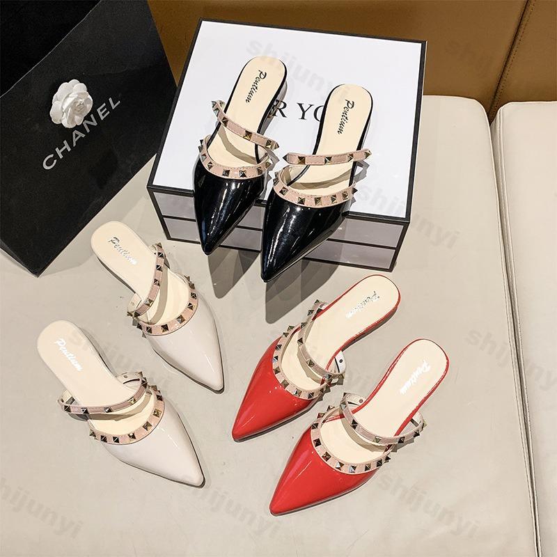 Fashion Women High Heels 2025 Summer New Fashion Rivet Female Pumps Slippers Pointed Sexy Female Sandal Dress Party Patent Leather