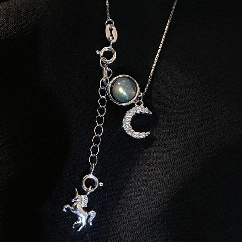Starry Sky Moonstone Unicorn Necklace Female Little Fresh Fairy Temperament Mori Temperament Wind Long Collarbone Chain