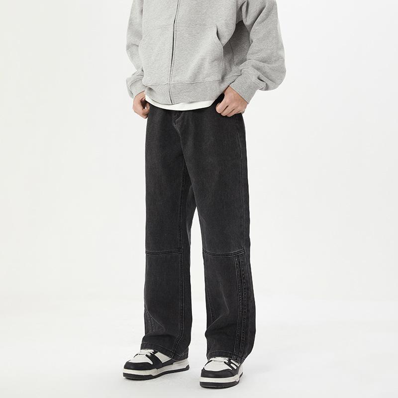 New Autumn Mid-waist Straight Version Jeans Men's Casual Trendy Design Wide-leg Long Pants