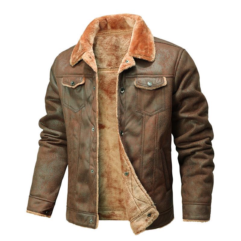 

2024 Men s Slim Fit Leather & Faux Fur Lapel Jacket - Korean Style, Warm, Autumn/Winter. M кавовий
