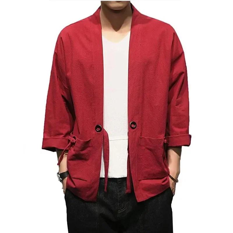 Men Fashion Cotton Blend Linen Cardigan Samurai Embroidered Kimono Jacket 5XL вино красного 1830₽