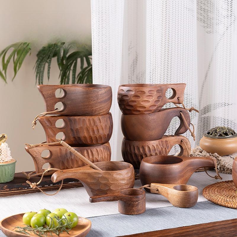 DIY Walnut Wooden Milk Cup Acacia Wood Salad Cup Solid Wood, Creative Mug with Handle Coffee Mug