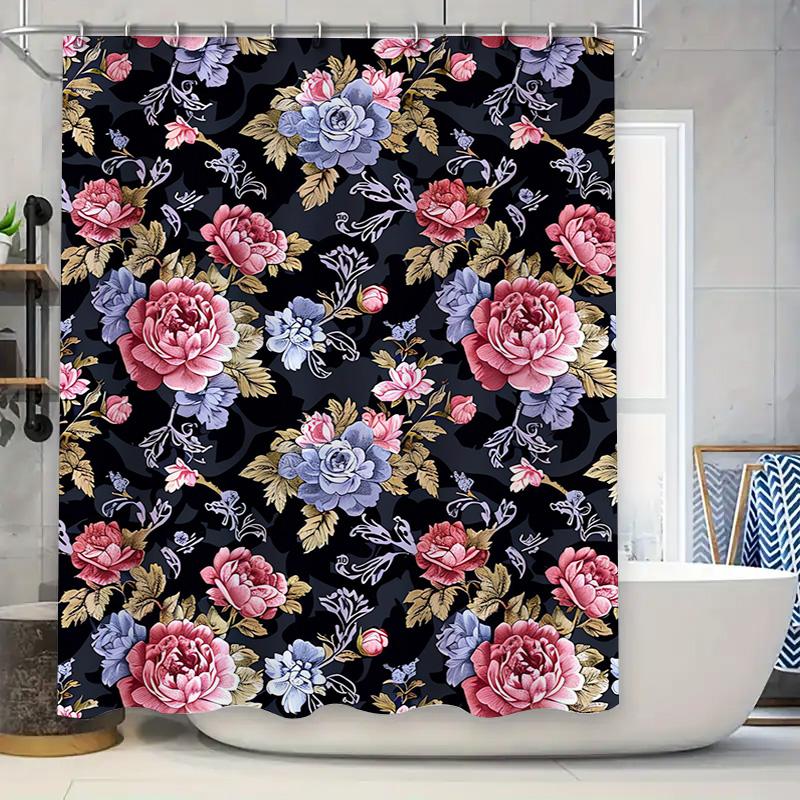 Floral Print Shower Curtain with Black Background Pink Peonies Blue Roses for Bathroom Decor 90x180cm