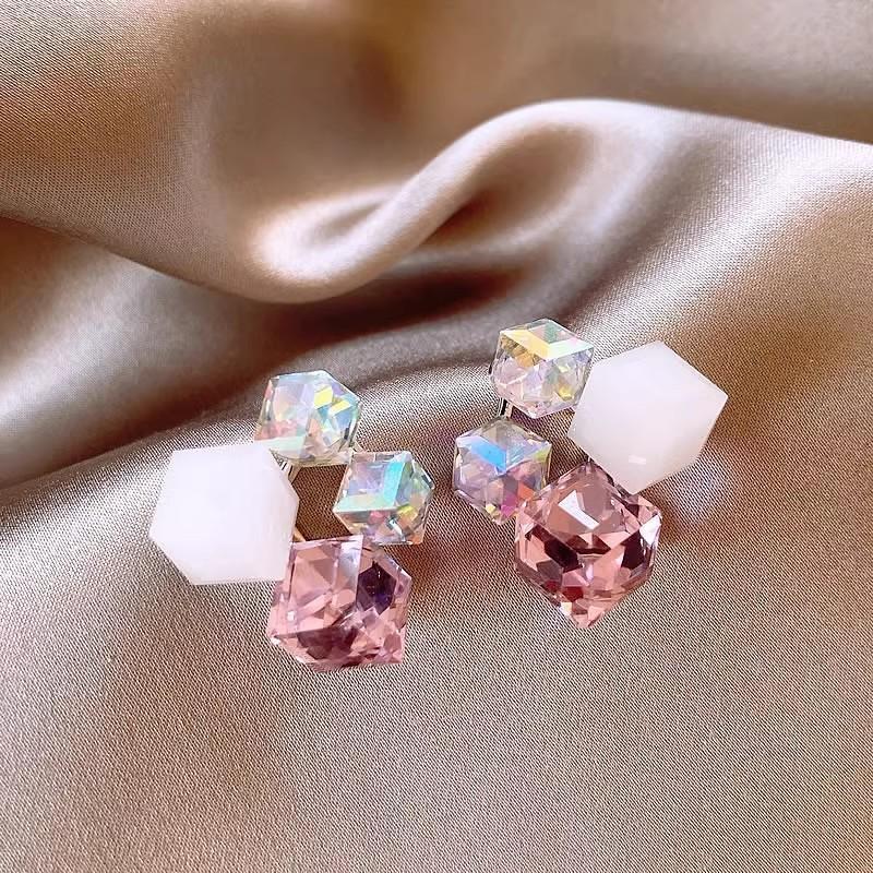 Summer Square Zircon Cube Stud Earrings Women's Light Luxury Niche Earrings Exquisite Temperament Earrings