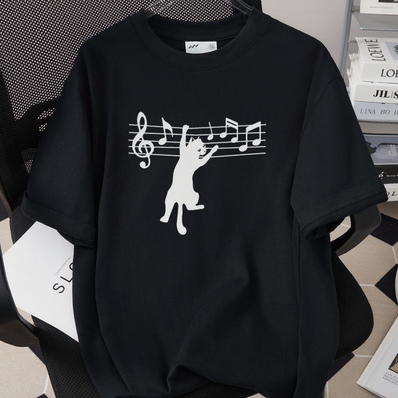 Cat Home Wrecker Creative Print T-shirt, Loose Fit, High-Quality Pure Cotton, Short Sleeve, Slightly Dropped Shoulder, Style 1002-1