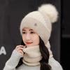 Damen-Wintermütze, warm halten, Mütze und Pelzgefüttert hinzufügen, Mütze und Schal-Set, warme Mützen für Damen, lässig, Kaninchenfell, Winter-Strickmütze
