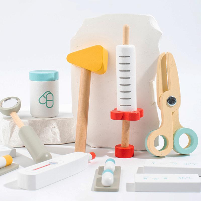 Wooden Pretend Play Doctor Educational Toy Simulation Medical Tool Medical Storage Bag Nurse Acssories Set Toy Gift for Kid