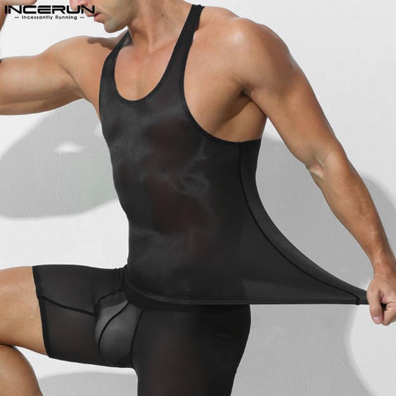 INCERUN Men Summer Sleeveless See Through Breathable Homewear Mesh Sheer Tank Tops