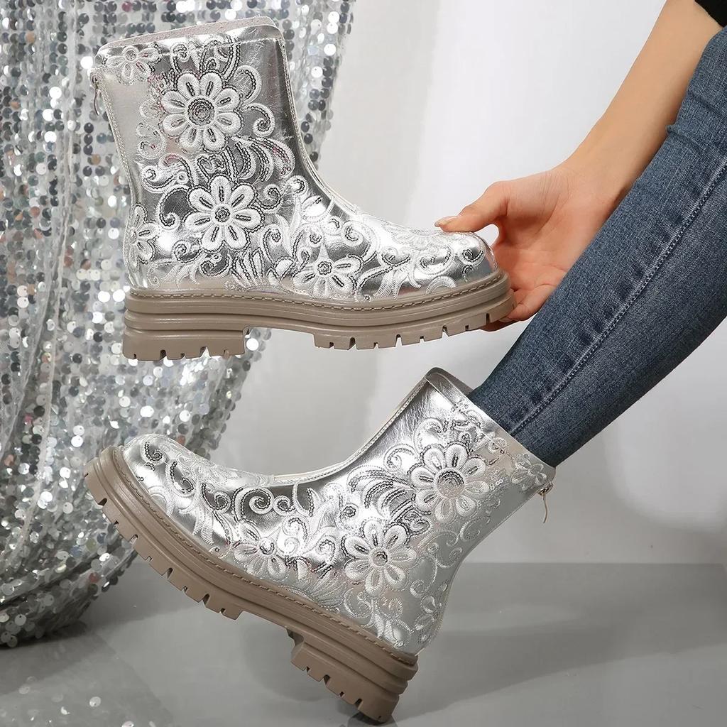 Fashion Silver Gold Punk Thick Sole Ankle Boots Women's Gothic Platform Motorcycle Boots Woman Luxury Embroidery Cowboy Boots 2024