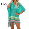 Beachwear Dress Women Bikini Cover Up V-Neck Drop-shoulder Sleeves Hollow Side Split Color Block Crochet Swimsuit Cover-ups