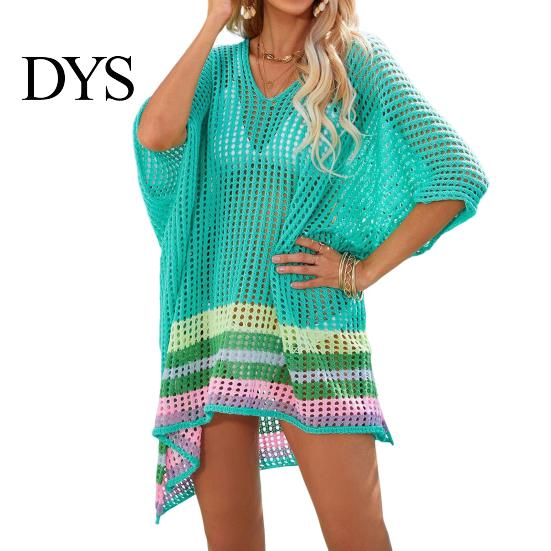 Beachwear Dress Women Bikini Cover Up V-Neck Drop-shoulder Sleeves Hollow Side Split Color Block Crochet Swimsuit Cover-ups