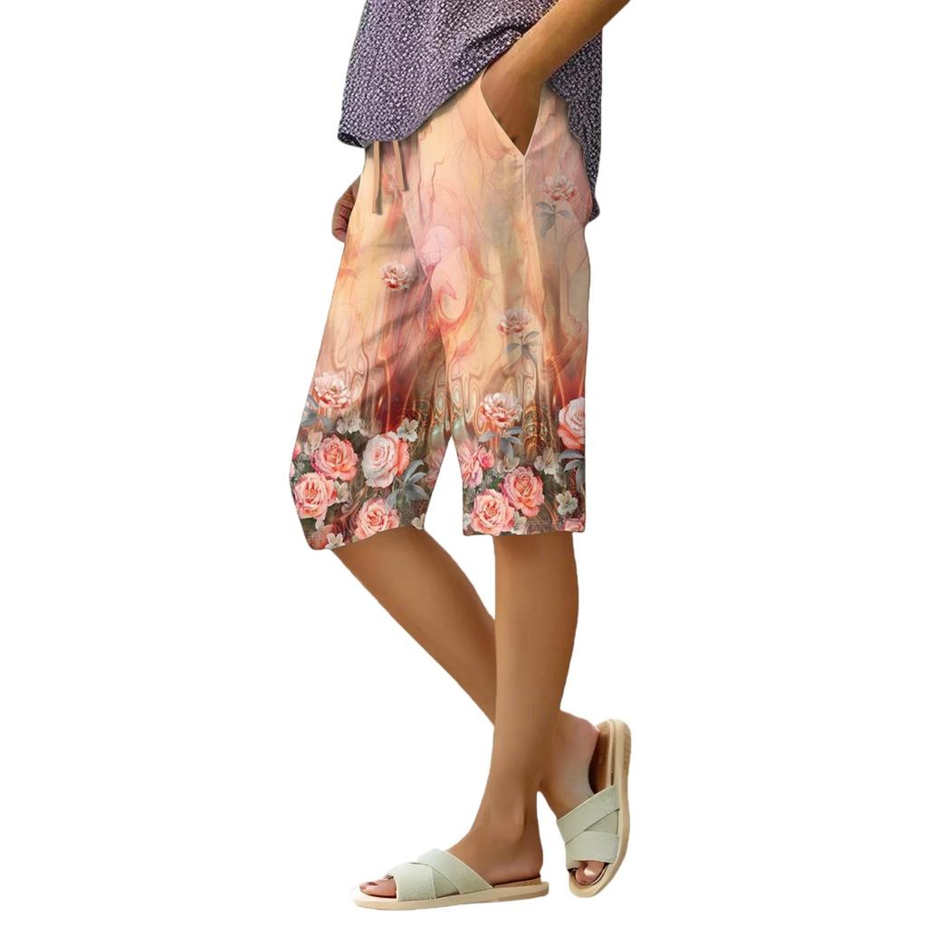 Women's Summer Elasticated Tie Waist Floral Cotton & Linen Loose Shorts
