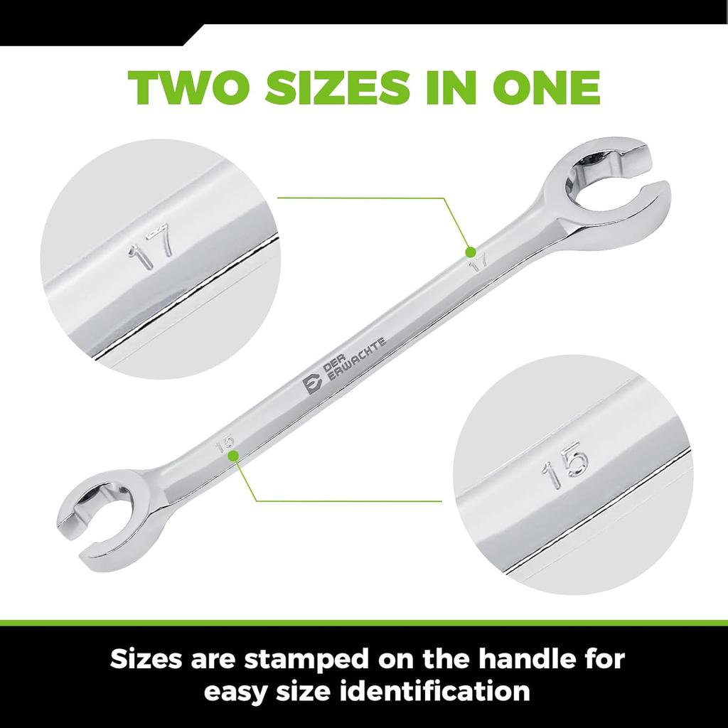 4-Piece Flare Nut Wrench Set, Offset End Spanner Metric 8 9 10 12 13 14 15 17mm, CR-V Steel Storage Pouch Repair and Remove Nuts on Fuel Tube Hose