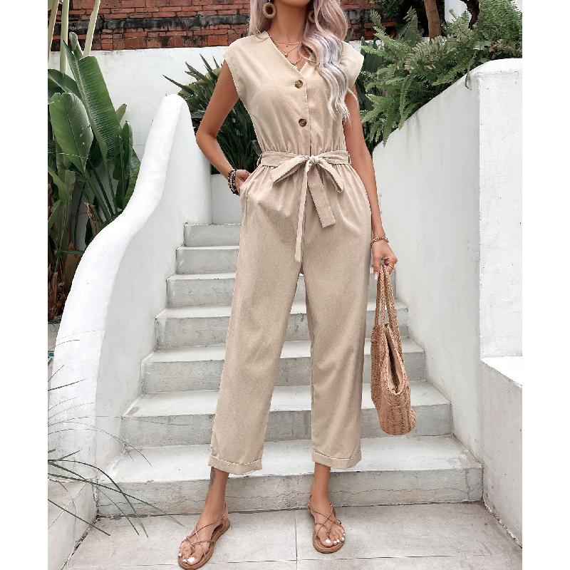 2026 Summer Sleeveless V-Neck Nine-Point Waist-Cinching Women's Casual Versatile Jumpsuit