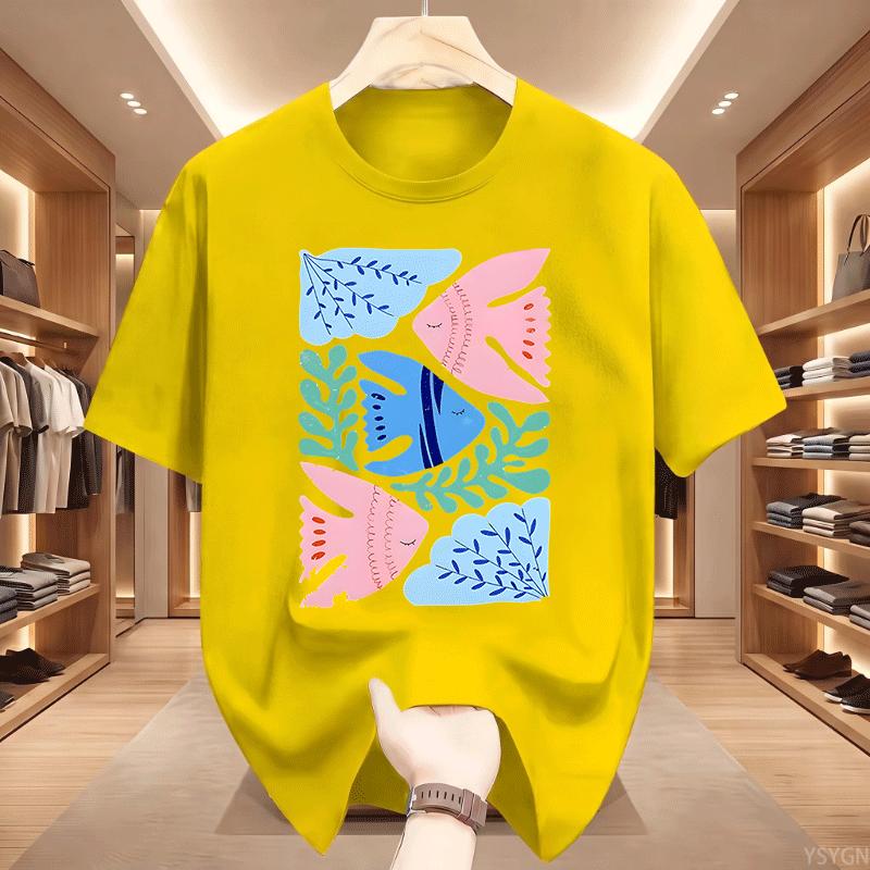 Feng Shui Minimalist Cartoon Printed Tshirt Unisex Unisex Flower Fish Loose Tshirt Casual Cotton Short Sleeved T Shirt Unisex Tops