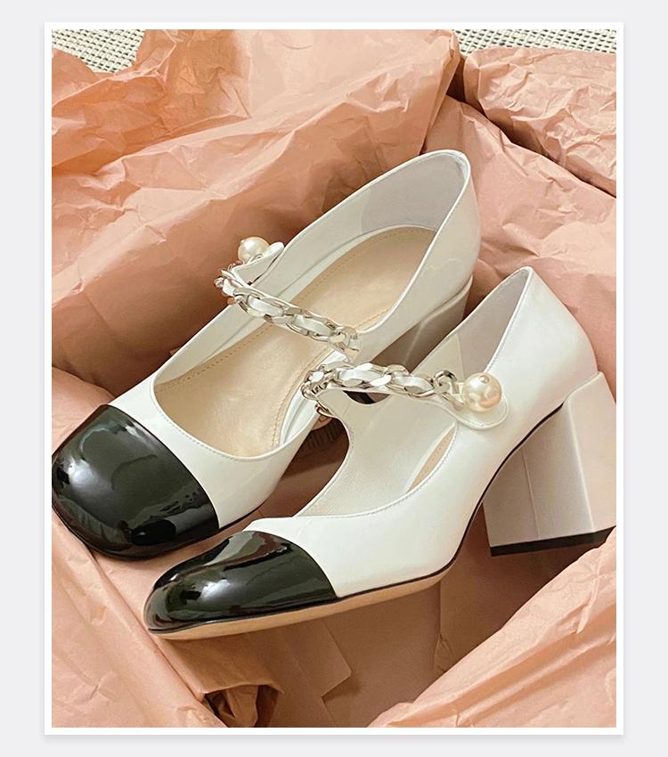 

Туфли Мэри Джейн в черно-белом цвете 2024 года, новые французские туфли знаменитостей с круглым носком и прямым каблуком с цепочкой из жемчуга 40