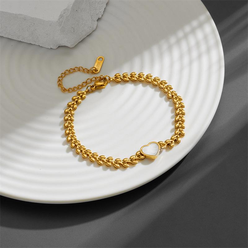 Elegant Titanium Steel 18K Gold Heart Shell Wheat Ear Bracelet for Women