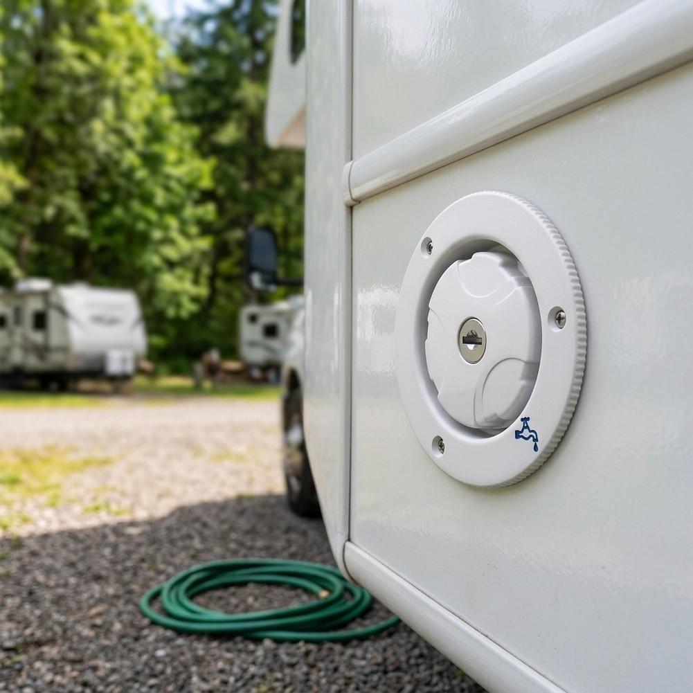 RV Freshwater Inlet with Mechanical Locking System and Sealing Ring Optimized for and Travel Environments RV Freshwater