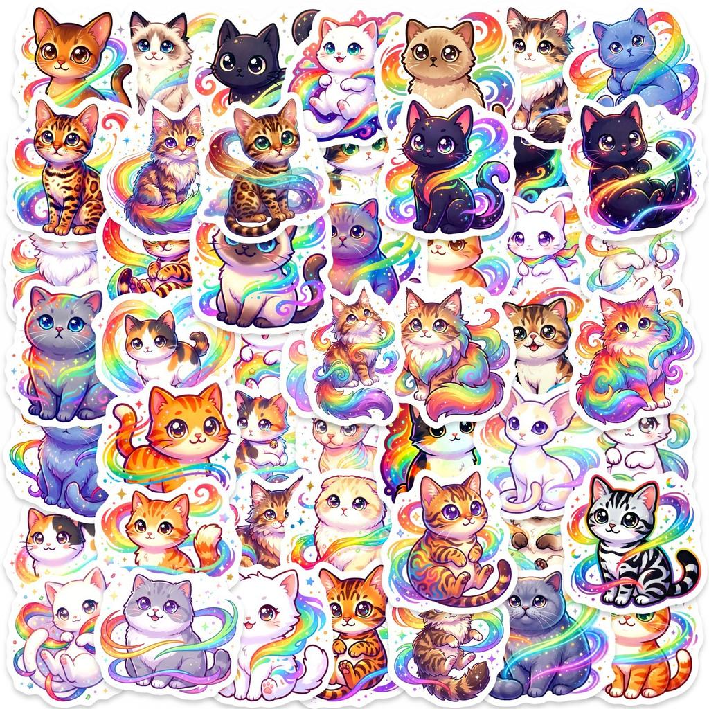 50/100Pcs Gradient Rainbow Cat Cartoon Stickers, Thick Waterproof DIY for Student Stationery Box Diary Pen Holder Desk Scrapbook