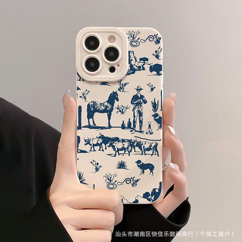 Western denim pattern Apple iPhone 11/12/13/14/15/16 Pro Max full-coverage TPU phone case 17