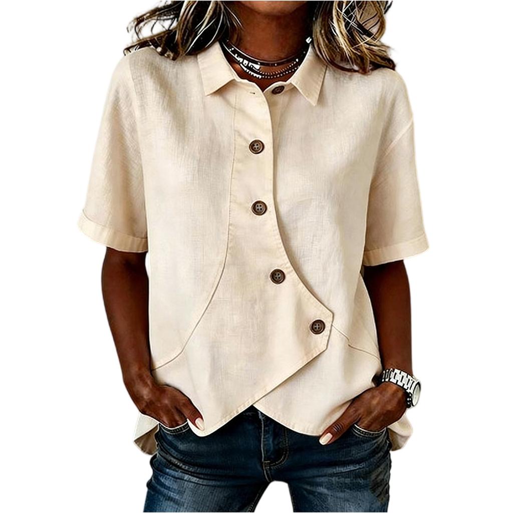 Women’s Short Sleeve Button Down Shirt Asymmetric Hem Casual Loose Fit Lapel Collar Blouse for Daily Wear Office Work
